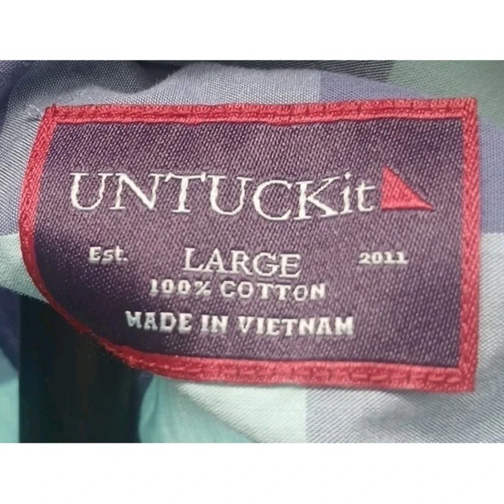 Untuckit Blue Check Short Sleeve 100% Cotton Men's Button Up Shirt Size Large